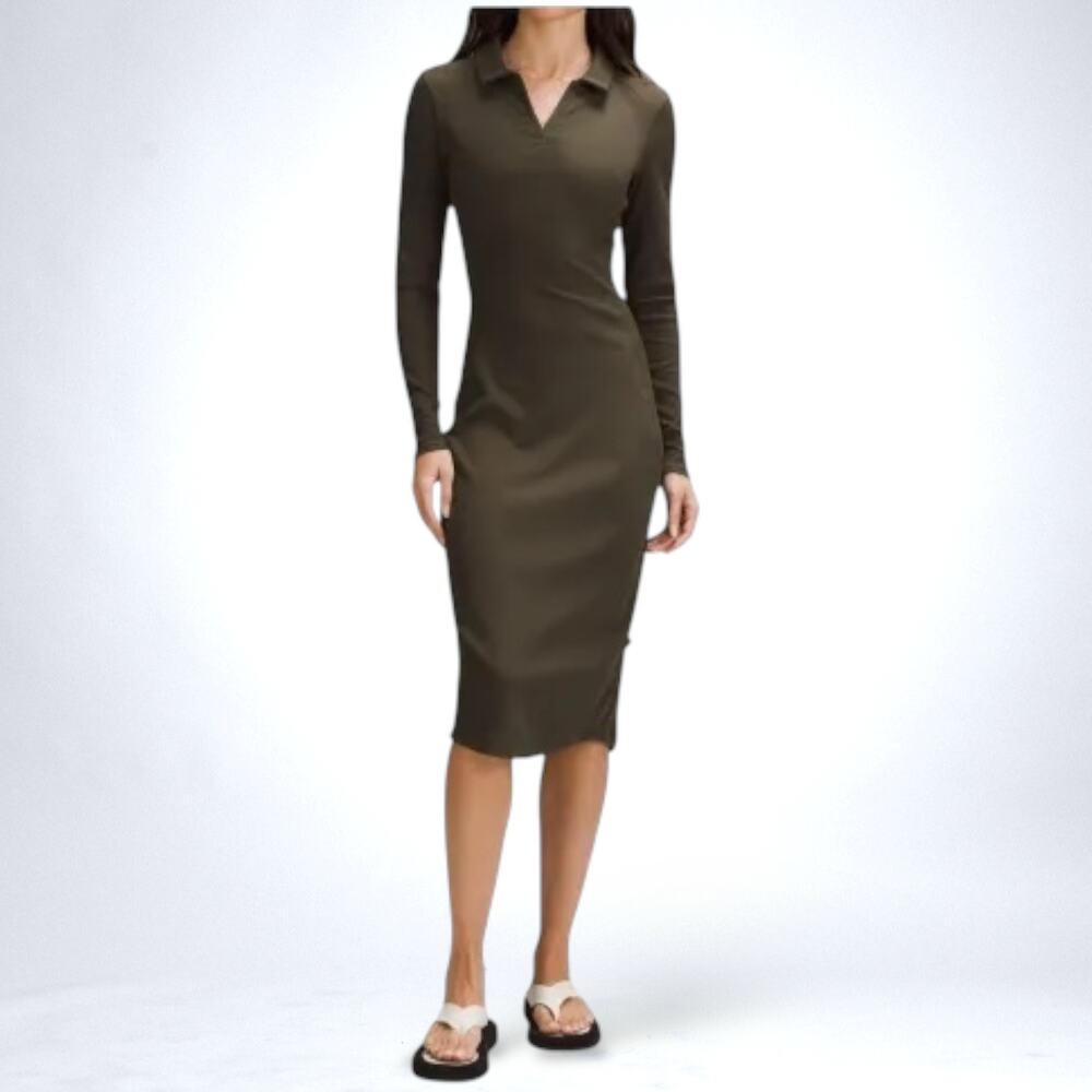 New LULULEMON Ribbed Luxtreme Polo Collared Midi Dress Athleisure Golf Brunch